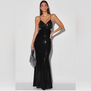 Lulus Glamorous Affair Black Sequin Cutout Maxi Dress